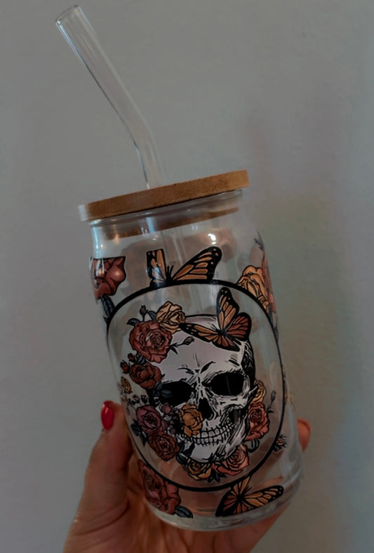 Floral Skull Glass